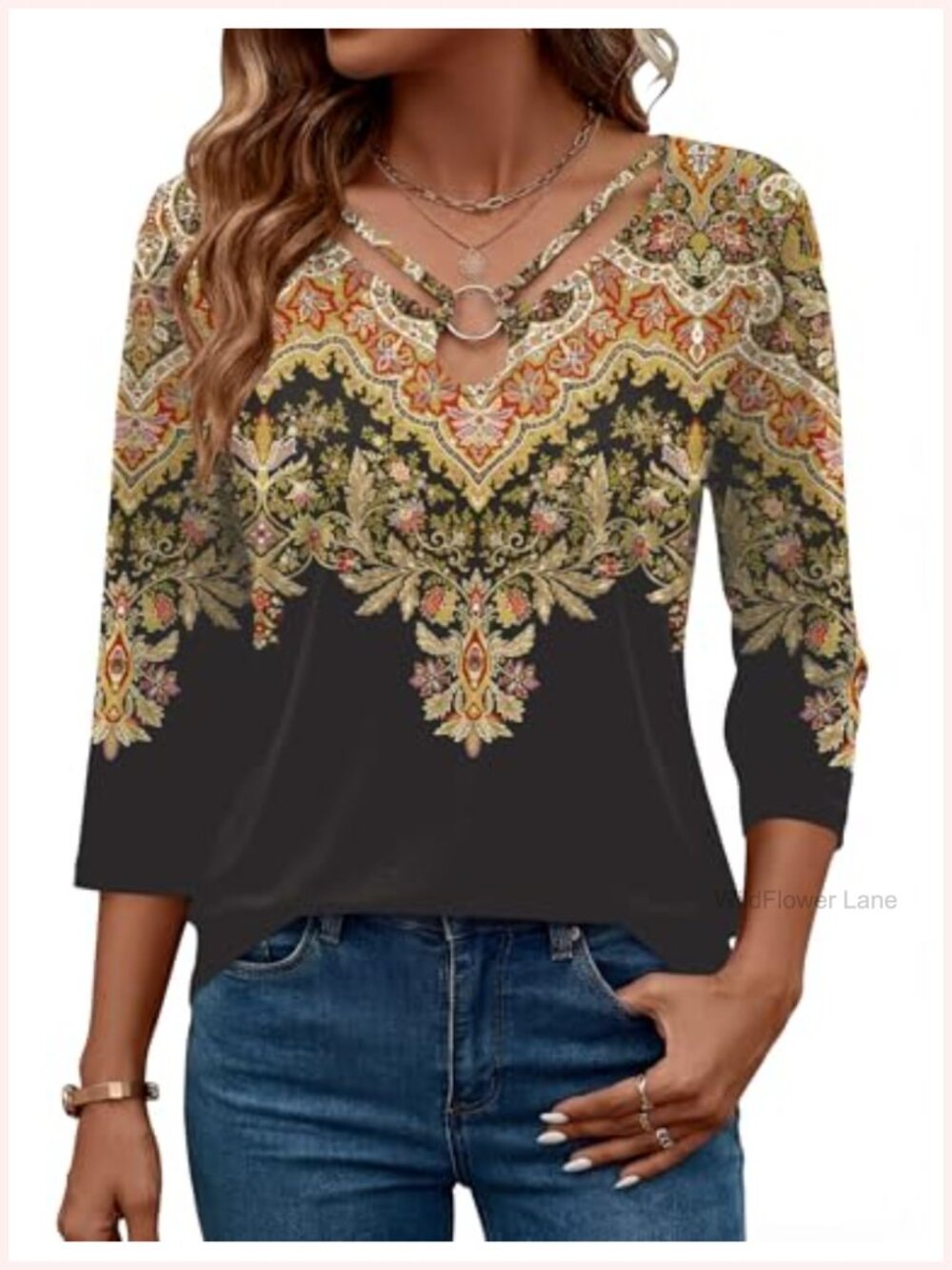 Womens 3/4 Sleeve V-Neck Keyhole Ring Cut Out Casual Tunic Top